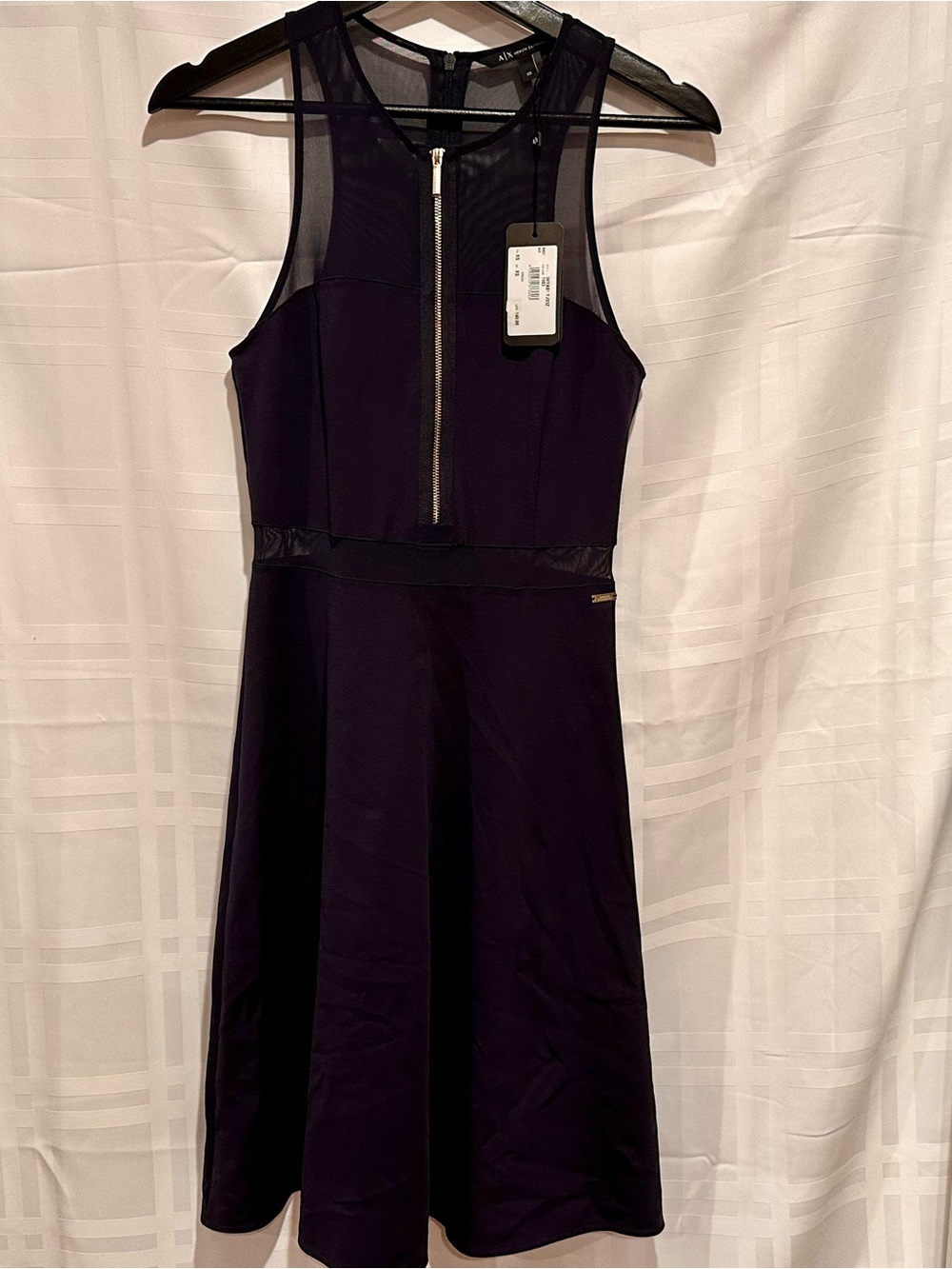 Armani Exchange Sleeveless A-Line Dress in Navy Blue with Mesh Yoke